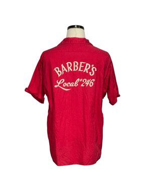 Vintage 60s Mark Twain Sportsman Chain Stitched Barbers Local #246 Red Button-Up